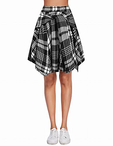 Chigant Women's Pleated Plaid High Waist Skirt Knotted Basic Mini Skirt Short Dress Comfy Casual Skater Skirt Black