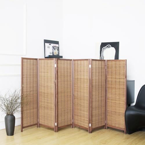 6 Panel Short Panel Divider Screen,3.95 FT Tall Bamboo Room Divider Folding Privacy Screen,Short Panel Divider Freestanding Room Divider for Room Seperation,Brown
