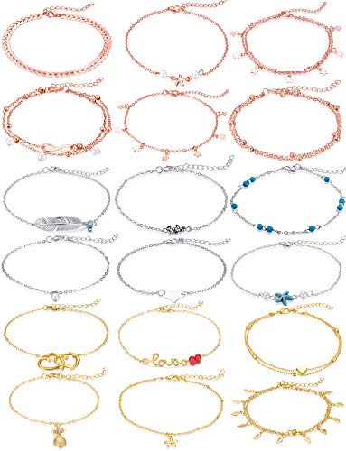 Cocamiky 18Pcs Anklet Bracelets for Women Girls Gold Silver Rose Gold Ankle Set Boho Layered Beach Adjustable Chain Anklet Foot Jewelry