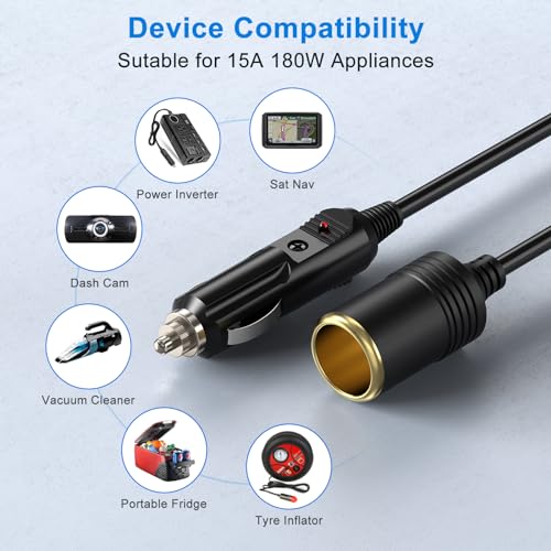 Amacam 12V/24V Car Charger Extension-Heavy Duty 16.4ft Cable with Female Inline Socket Connector. Suitable for Tire Inflators Vacuum Cleaners and Other Portable Equipment Requiring Hefty Power. - Thumbnail 3