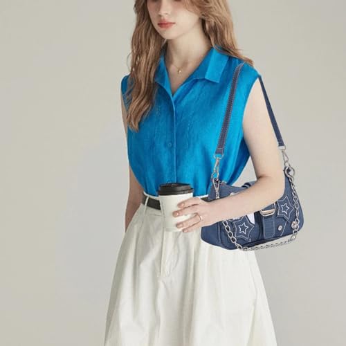 Y2k Geldbörse Y2k Schultertasche mit Kette & Stern Dekor Canvas Vintage Geldbörse Große Kapazität Goth Tasche für Frauen