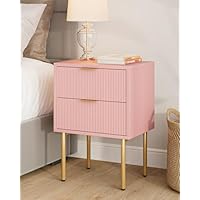 HEYZOEY Bedside Table, Small Bedside Tables with 2 Drawers, Wooden Nightstand with Gold Legs, Mid-Century Modern Bed Side End Table for Bedroom, Living Room, Pink