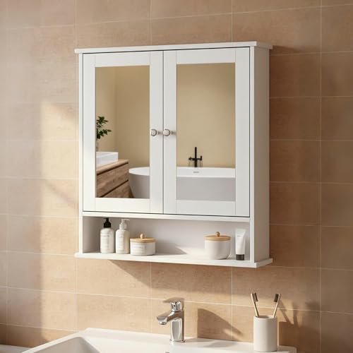 Levede Bathroom Wall Storage Cabinet with Mirror,Double Door Storage Cupboard with Open Shelf,Wall Mounted Cabinet,2-Tier Adjustable Shelves,Home Office Storage Organizer for Bathroom Kitchen &Laundry