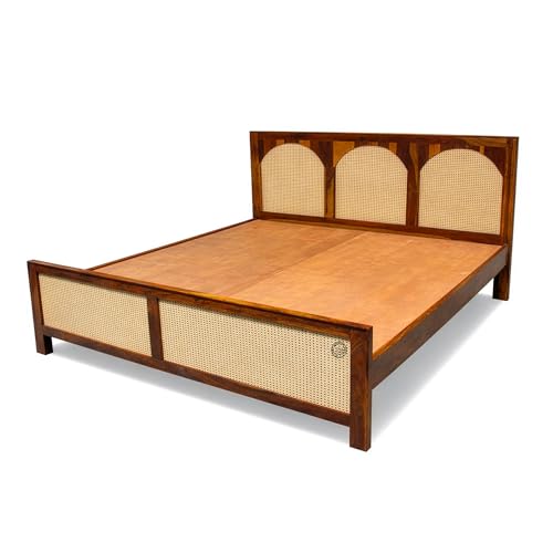 Image of SHRI MINTU'S ART Wooden Cane Bed Frame with Rattan Panels | Solid Wood Platform with Arched Headboard and Footboard | Bedroom Furniture Bed Structure for Mattress Support | (72x78) Inch King Size Bed