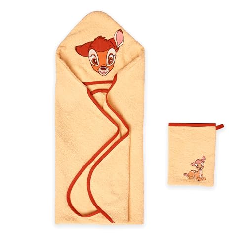 Disney Home Set 2 pièces Serviette de Bain à Capuche Bambi,pour bébé/jusqu'à 5 Ans, Doux,très,Absorbant,certifié Oeko-TEX,1 Serviette 80x80 cm,1 Gant de Toilette...