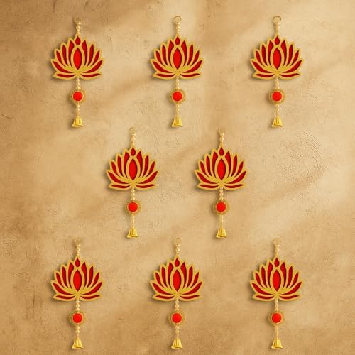 Image of ARLICORPING Wooden Lotus Wall Hanging for Festive Decoration - Diwali, Ganpati, Pooja Room, Mandir, Living Room, Door, Hall, Entrance, Spiritual Decor (Lotus + Bell-Red, Pack of 12)