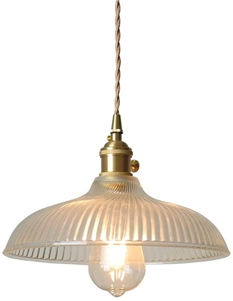 BLOOHK Vintage Brass Pendant Light, Ribbed Fluted Glass Hanging Lamp, Retro Industrial Dome Chandelier for Kitchen Island, Dining Room, Bedroom