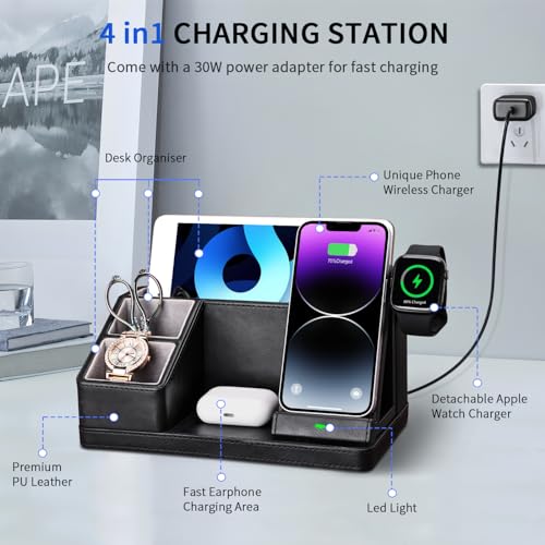 Wireless Charging Station, 4 in 1 Wireless Charger for iPhone, Fast Wireless Charging Stand Dock for iPhone 15 14 13 12 11 X Pro Max & Apple Watch & AirPods(Black)