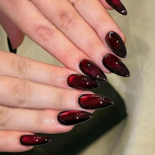 Image of 24 Pcs Press On Nails, Fake Nails For Girls, Cherry Red Cat Eye Press On Nails Kit, Glossy Nail Extensions For Women, Quick Fix For Festivals & Special Occasions