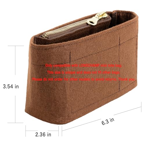 Image of Purse Organizer Insert & Leather Strap Conversion Kit Set, Compatible with Longchamp Le Pliage Mini Bag - Felt Inner Liner & Adjustable Shoulder Strap, Brown