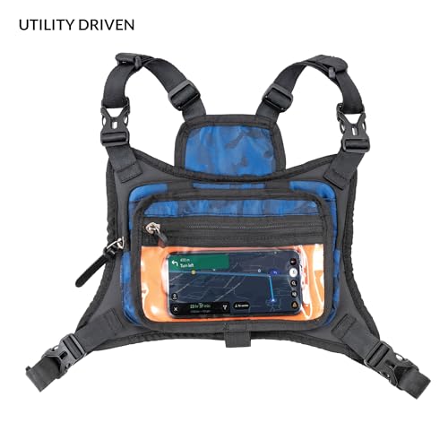 Image of MONKEY TROOPERS Torque Magnetic Chest Bag for Biking, 2L, Blue Camo | Magnetic Tank-Mount Harness, Touch-Sensitive Phone Pocket, Detachable Front Pouch, Organiser Pockets