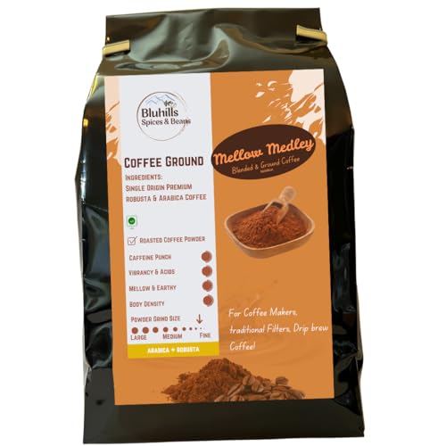 Image of Bluhills Mellow Medley - Blend of Pure Arabica & Robusta Coffee, 1Kg, Single Origin Wayanad Coffee blend, freshly roasted and ground for a perfect filter coffee, stove top, or drip brew