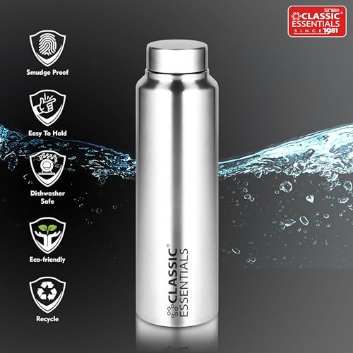 Image of CLASSIC ESSENTIALS Stainless Steel Spring Water Bottle 1 Litre Each Pack of 6 | Leak Proof Steel Water Bottles | Rust Resistant Reusable Bottles for Home, Office, School & Gym | Silver