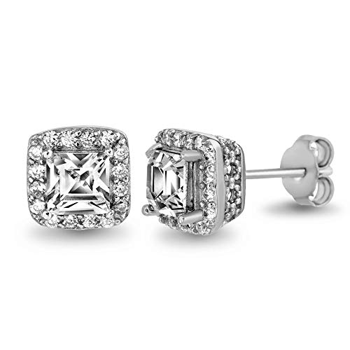 Devin Rose Sterling Silver Princess Cut Halo Stud Earrings for Women made With Swarovski Crystals