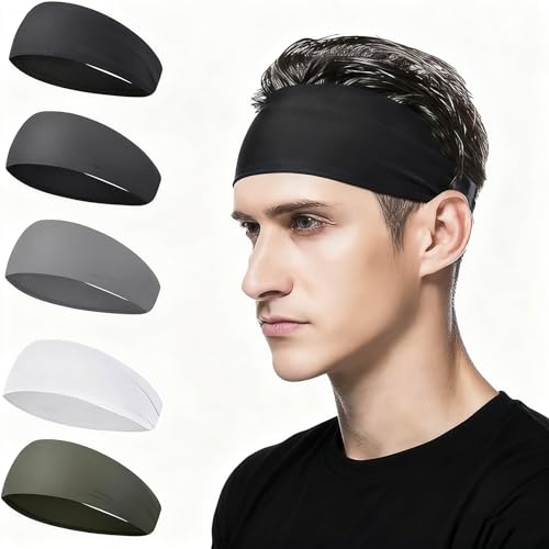 5-Pack Headbands for Men - Moisture Wicking Sports Sweatbands for Running, Cycling, Gym Workouts | Stretchy Quick-Dry Fitness Headband Set in 5 Colors,Hairband for Women and Men