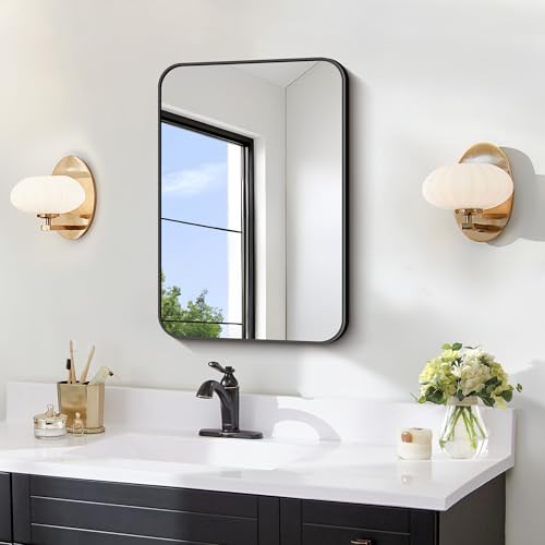 FORBATH Black Bathroom Mirror for Over Sink Wall Mirror 16x24 Inch with Metal Frame Rounded Corners for Bathroom Bedroom Entryway Dcor