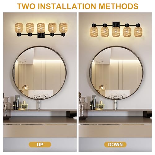 Image of CHICLUX Bathroom Vanity Light, 5 Lights Boho Rattan Bathroom Lighting fixtures Over Mirror, Farmhouse Vanity Lighting Fixtures with 330 Adjustable Woven Lampshade, E26 Base (Bulbs Not Included)