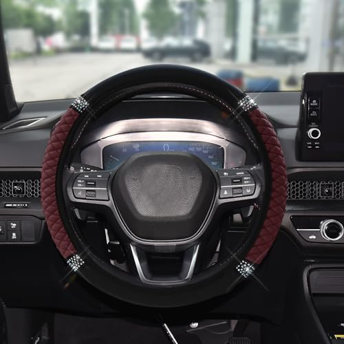 Bling Soft Leather Steering Wheel Cover, 15 Inch Colorful Rhinestones Auto Elastic Steering Wheel Protector for Women Girls, Car Accessories Anti Slip Steering Wheel Cover for Most Cars, SUVs (Wine)