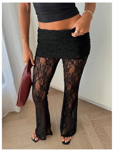 Verdusa Women's Floral Lace Pants Sheer Mesh Flare Leggings Elastic Long Trousers4