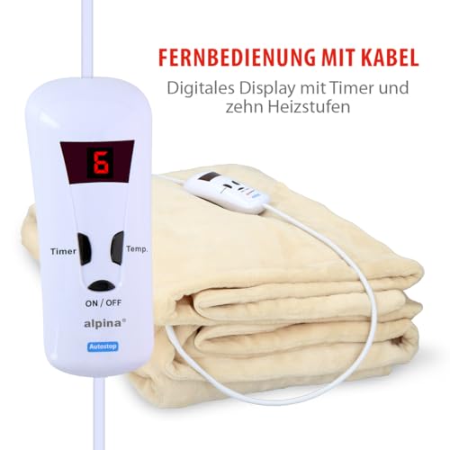 Alpina Elektrischer Heizdecke - Wärmedecke 180 x 130 cm - Wärmeunterbett 180W - Beheizbare Decke mit 10 Wärme Einstellungen - Waschmaschinenfest - Timer vond 1 bis 9 Stunden - Polyester - Beige