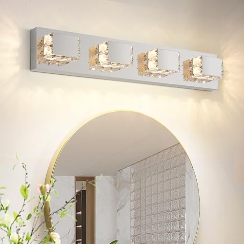 LI LUXLITE Crystal Bathroom Vanity Lights 4-Lights Stainless Steel Modern LED Vanity Lights Over Mirror Modern Crystal Bathroom Sconce Lighting Fixtures (Included LED Lights)