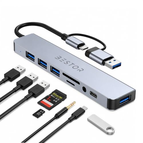 Image of Bestor 8-in-1 USB-C Hub Adapter with 3 USB 3.0 Ports, SD & TF Card Reader, AUX, Type-C PD Charging, USB-A & Type-C Dual Connector for Laptop, MacBook, PC
