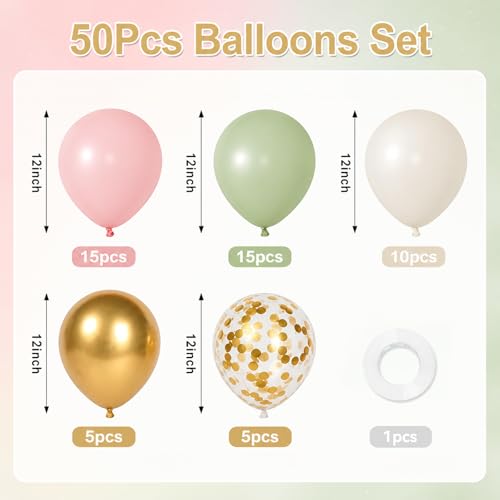 Image of Pink and Green Balloons, 50 Pcs 12 Inch Sage Green Pink White Metallic | Gold Baby in Bloom Balloons for Boho Baby Shower Jungle Woodland Floral Fairy First Birthday Wedding Party Decorations