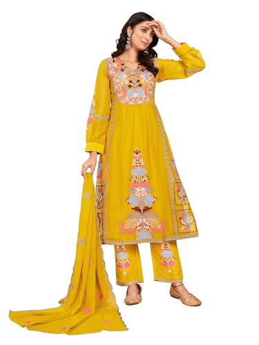 Image of Fabzoo Women's Georgette Embroidery Work & Original Mirror Anarkali Kurta Palazzo & Dupatta Set | Kurta & Palazzo Full Stitch And Full Inner | Palazzo Full Elastic (YELLOW -XL)