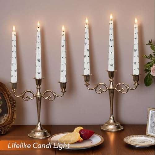 Image of Flameless Taper Candles with Remote, Black Bow and Dot Flameless Candles | Flickering LED Candlesticks with Remote and Timer, Warm 3D Wick Light, Home Table Mantel Party Festival Decor 9.6 Inches