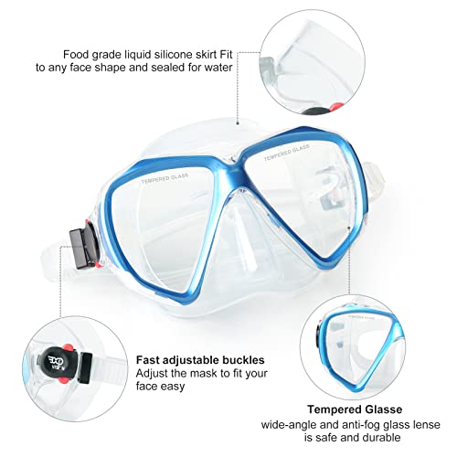 Image of Snorkel Diving Mask Panoramic HD Swim Mask, Anti-Fog Scuba Diving Goggles,Tempered Glass Dive Mask Adult Youth Swim Goggles with Nose Cover for Diving, Snorkeling, Swimming (Lake Blue)
