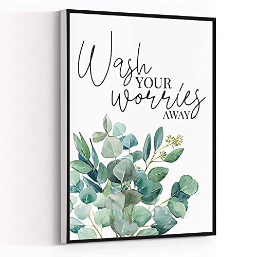 KEJPU Canvas Wall Art Wash Your Worries Away Eucalyptus Bathroom