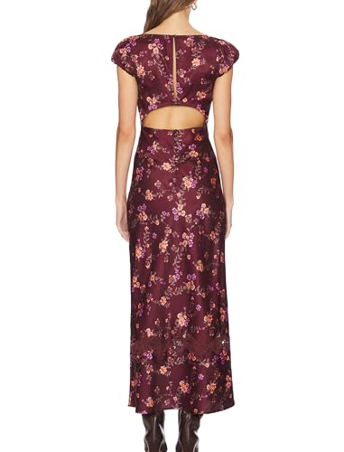 Image of Women Sexy Lace Patchwork Mesh Dress Floral Print Cutout Sweetheart Neck Backless Slit Summer Maxi Dress