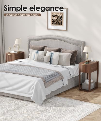 Image of Akxomel Narrow Nightstand Set 2 with Charging Station Fluted Table Walnut