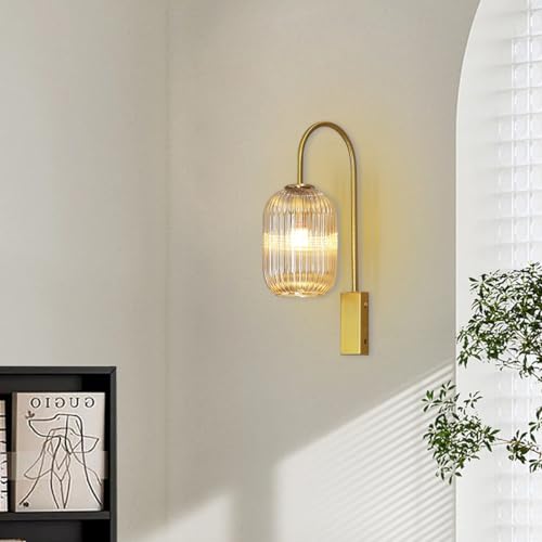 Image of 1-Light Bathroom Vanity Light fixtures Glass Globe Wall Sconce Lights Gold Wall Mount Light with Amber Glass Shade Mid Century Modern Wall Sconce for Over Mirror Bedroom Hallway