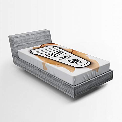 Ambesonne Coffee Fitted Sheet, Outline Take Away Cup on Spilled Drink Watercolor Splashes, Bed Cover with All-Round Elastic Deep Pocket for Comfort, Twin XL Size, Brown