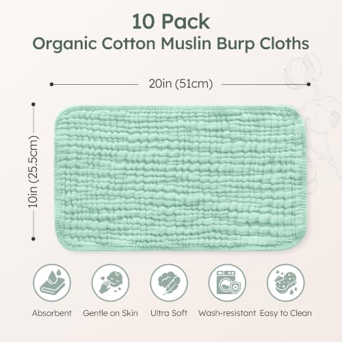 Image of Yoofoss Muslin Burp Cloths for Baby 10 Pack 100% Organic Cotton Baby Washcloths for Boys Girls Large 20''X10'' Super Soft and Absorbent Apricot,Mint Green