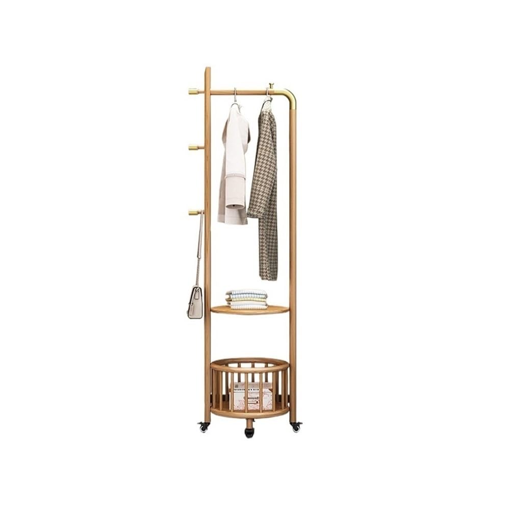 AILIUXIAOYAN Coat Rack Solid Wood Floor Coat Rack Entrance Floor-standing Hanger Living Room Clothes Rack Storage Rack Movable(Wood Color,M)