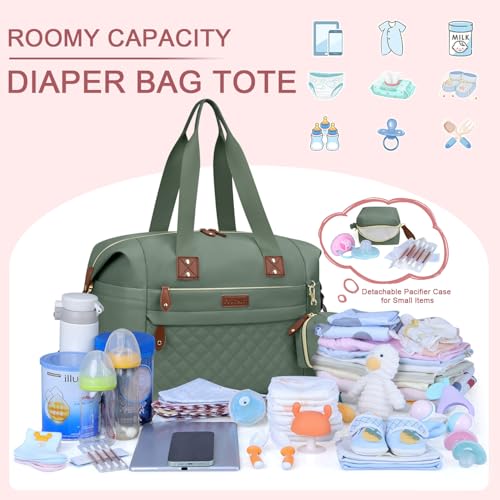 Image of Pritent Diaper Bag Tote - Diaper Baby Bags with Pacifier Case, Shoulder Straps, Stroller Clips, Waterproof Large Mommy Maternity Travel Baby Bag for Mom and Dad, Green, Medium