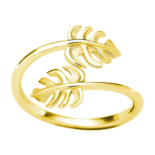 925 Sterling Silver Two Monstera Leaf Adjustable Easy Resize Wrap Around Bypass Ring Eternity Band, Nickel Free Hypoallergenic for Sensitive Skin, Island Tropical Jewelry with Gift Box