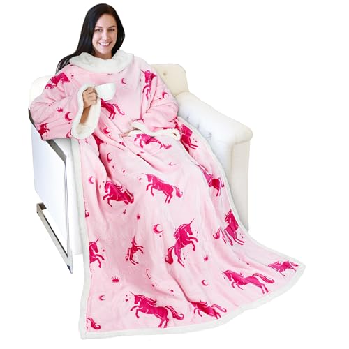 Image of Catalonia Sherpa Wearable Blanket with Sleeves Arms, Comfy Sleeved TV Wrap Blanket, Large Snuggly Throw for Women and Men, Gift for Her,Unicorn