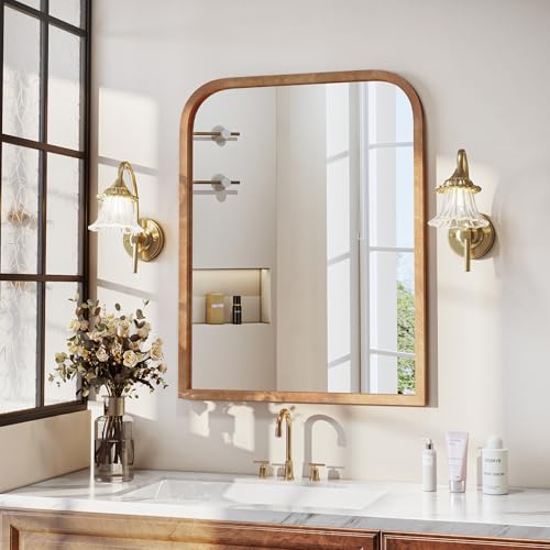 Arched Wood Bathroom Mirror with Tempered Glass & Natural Wood Frame