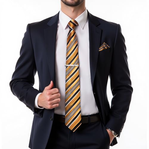 Image of DiBanGu Mens Striped Tie Silk Woven Necktie and Pocket Square Cufflinks Tie Clip Set Wedding Business Formal Gift Tie for Men