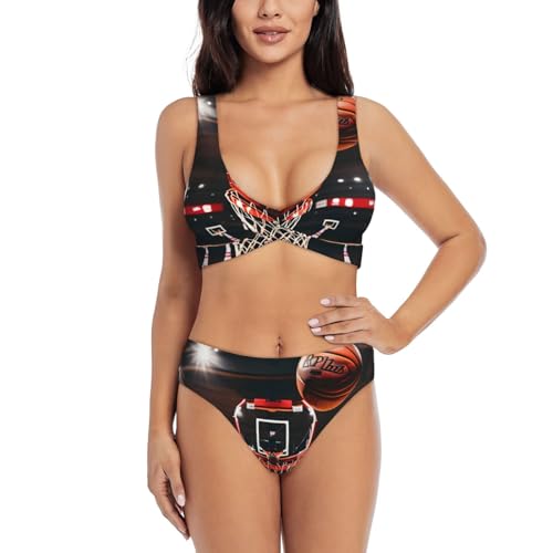 Maillot de bain 2 pièces femme gainant tankini shorty imprimé basket-ball taille haute