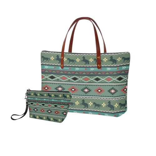 Image of Southwest Horse Tote Handbag Top Handle Purse for Women, Aztec Large Purse and Wallet Set for Women Hobo Bag Satchel Bag with Zipper PU Wallet, Handbag and Wallet Combo, Gift for Mom