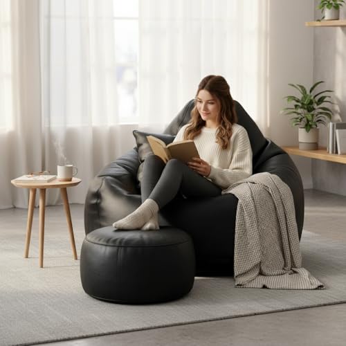 Image of KAM'S LIEU 6XL Jumbo Premium Bean Bag Chair with Footrest & Cushion | Filled with High Density EPS Beans | Comfortable Sofa for Living Room & Bedroom | 6 Months Warranty, Color- (Black, 6XL, Premium)