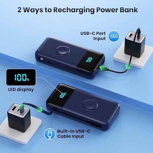 Image of Portable Charger Power Bank 40800mAh with Built-in Cables,25W Fast Phone Charging Portable Battery Pack,5 Outputs Travel Essentials Outdoor External Battery for iPhone 17 /16,Galaxy Android etc-Blue