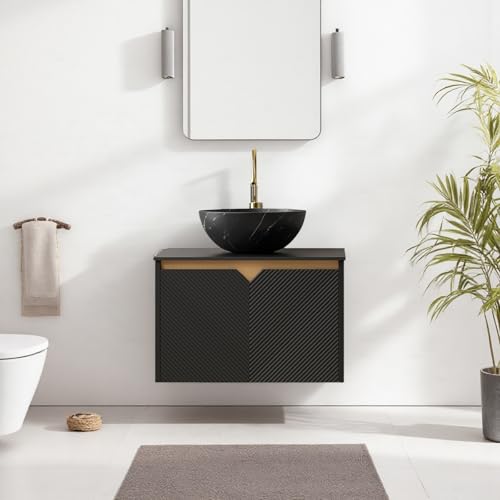 Image of 24 inch Bathroom Vanity with Sink, Wall-Mounted Bathroom Vanity with Black Bowl Ceramic Vessel Basin, Modern Plywood Floating Vanity with Twill Double Doors, Bathroom Storage Cabinet, Black