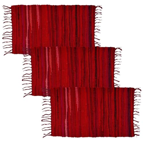 MARRAKESCH 3er Set Teppich Läufer handgewebt Cotton Rug klein 50x90 cm | Boho Streifen Teppiche aus Baumwolle mit Fransen | Blauer Fußmatte Vorleger | Wohnzimmer, Küche, Flur