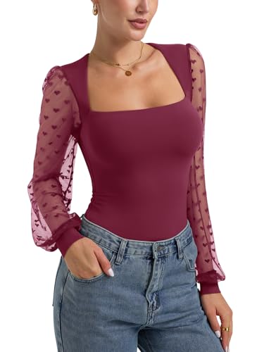 Image of PINKMSTYLE Women's Square Neck Double Lined Mesh Long Sleeve Bodysuits
