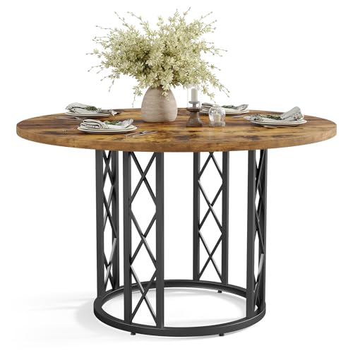 LITTLE TREE 47-inch Rustic Round Dining Table, Farmhouse Kitchen Table Dinner Table with Metal Base...